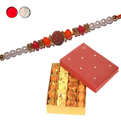 "Rudraksha Rakhi - FR-8530 A (Single Rakhi), 500gms of Assorted Sweets - Click here to View more details about this Product